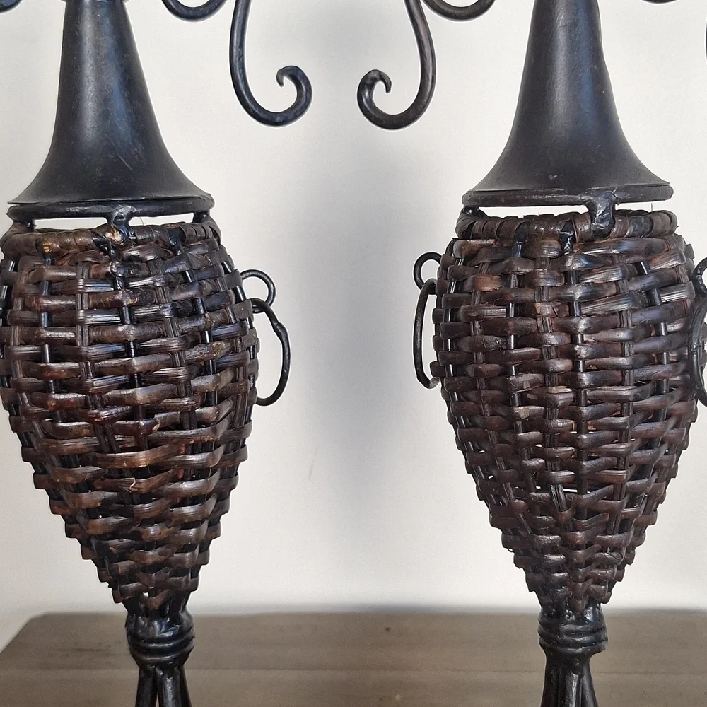 Pair Of Wrought Iron And Brown Wicker Candle Holders